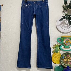 True Religion Hi-Rise Bootcut Jeans Dark Wash White Big T Stitching Size 28